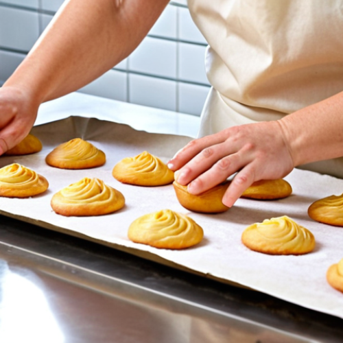 Home 19 **
A brightly lit kitchen scene. Focus on a close-up of hands expertly piping choux pastry dough onto parchment paper-lined baking sheet. The piped dough should be perfectly round. In the background, a stand mixer with the remaining choux dough and various baking tools hints at the ongoing process. The overall feeling is warm, inviting, and showcases the art of pastry making.
**