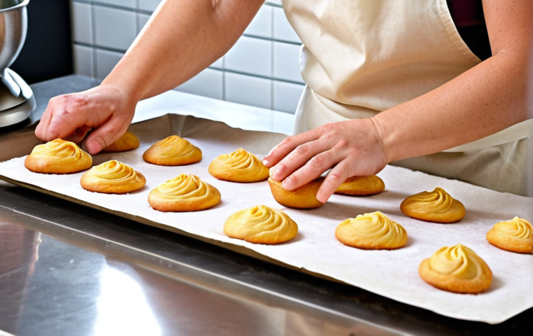 **

A brightly lit kitchen scene. Focus on a close-up of hands expertly piping choux pastry dough onto parchment paper-lined baking sheet. The piped dough should be perfectly round. In the background, a stand mixer with the remaining choux dough and various baking tools hints at the ongoing process. The overall feeling is warm, inviting, and showcases the art of pastry making.

**