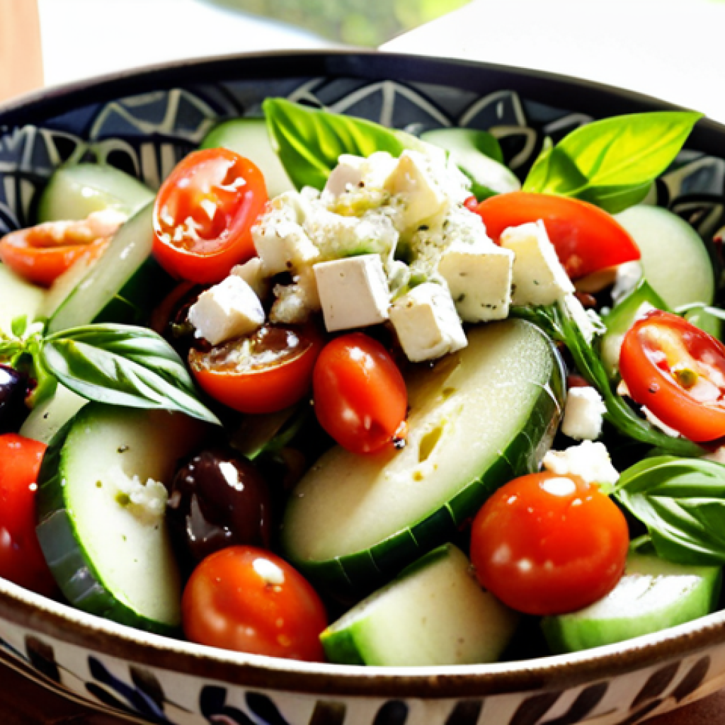 A vibrant Mediterranean salad with ripe tomatoes, cucumbers, feta cheese, and Kalamata olives, generously drizzled with golden extra virgin olive oil. The salad is beautifully arranged in a rustic ceramic bowl, with a sprinkle of sea salt and fresh basil leaves. Sunlight streams through a window, illuminating the scene and highlighting the oil's rich texture.