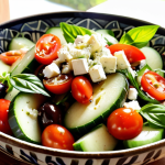 A vibrant Mediterranean salad with ripe tomatoes, cucumbers, feta cheese, and Kalamata olives, generously drizzled with golden extra virgin olive oil. The salad is beautifully arranged in a rustic ceramic bowl, with a sprinkle of sea salt and fresh basil leaves. Sunlight streams through a window, illuminating the scene and highlighting the oil's rich texture.