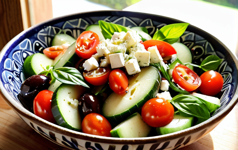A vibrant Mediterranean salad with ripe tomatoes, cucumbers, feta cheese, and Kalamata olives, generously drizzled with golden extra virgin olive oil. The salad is beautifully arranged in a rustic ceramic bowl, with a sprinkle of sea salt and fresh basil leaves. Sunlight streams through a window, illuminating the scene and highlighting the oil's rich texture.