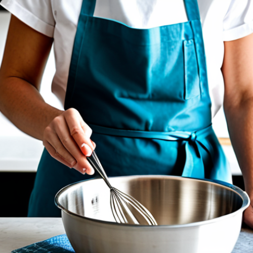 Home 17 A professional home baker, fully clothed in a modest, clean apron over appropriate professional dress, meticulously whisking a light batter in a gleaming stainless steel mixing bowl. A high-quality stainless steel balloon whisk is in her well-formed hands, demonstrating perfect anatomy and proper finger count in a natural pose. The scene is set in a brightly lit, modern kitchen with a clean, light-colored countertop. The image conveys precision and dedication, with natural body proportions. Safe for work, appropriate content, professional photography, high quality.