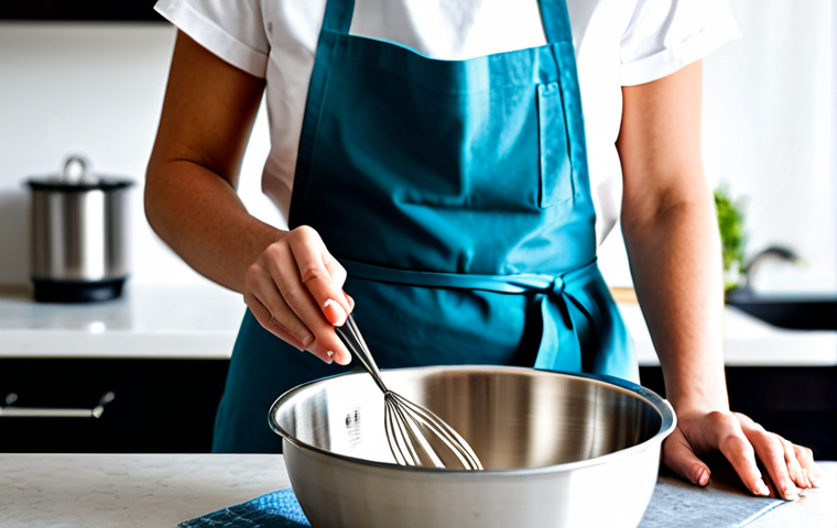 A professional home baker, fully clothed in a modest, clean apron over appropriate professional dress, meticulously whisking a light batter in a gleaming stainless steel mixing bowl. A high-quality stainless steel balloon whisk is in her well-formed hands, demonstrating perfect anatomy and proper finger count in a natural pose. The scene is set in a brightly lit, modern kitchen with a clean, light-colored countertop. The image conveys precision and dedication, with natural body proportions. Safe for work, appropriate content, professional photography, high quality.