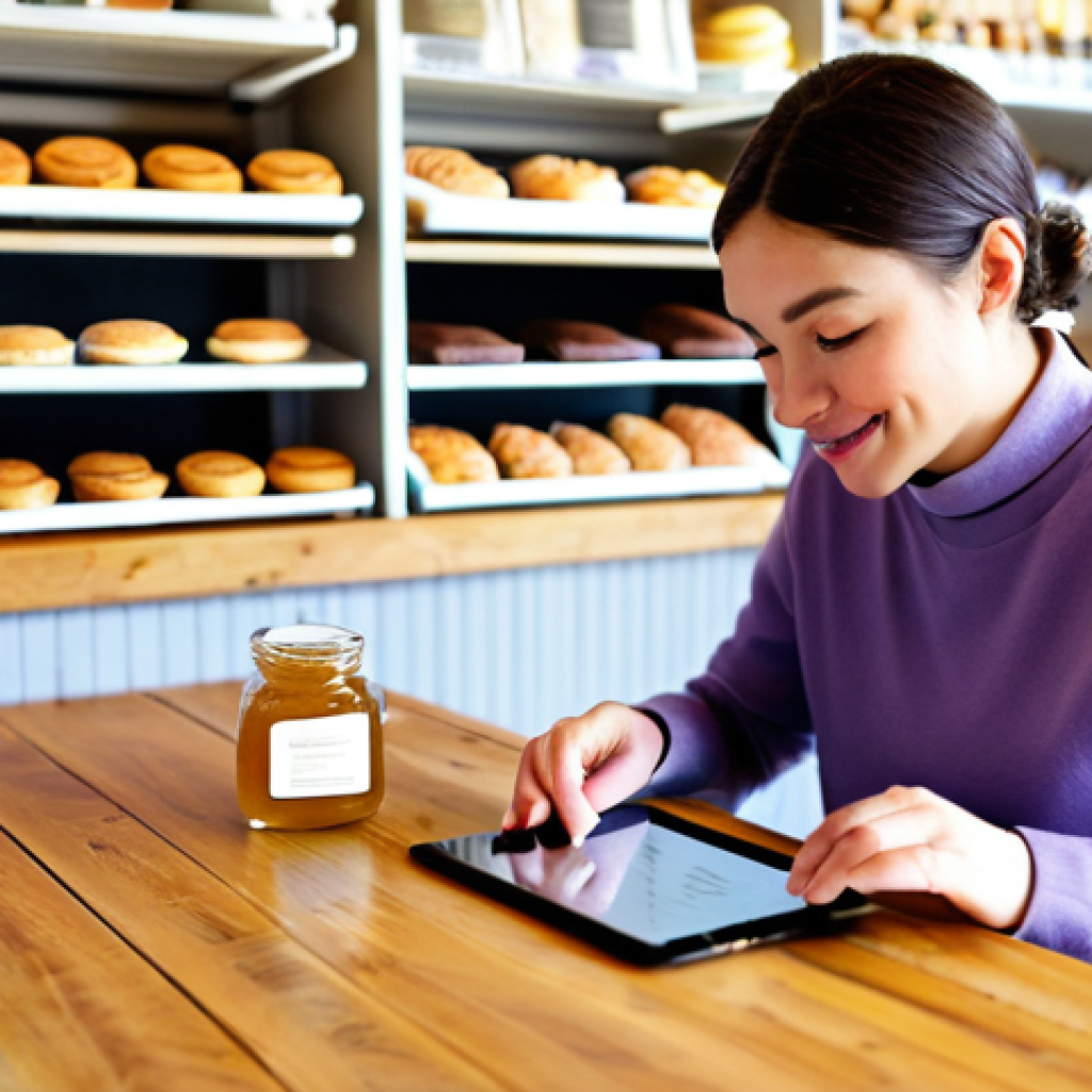 A diverse individual, fully clothed in a modest, professional sweater and slacks, sits comfortably at a polished wooden table in a sun-drenched, charming local bakery. They are looking at a tablet displaying a personalized dessert recommendation, with a delightful, unique lavender honey macaron resting on a small plate in front of them. The background features a soft-focus view of artisan pastries on display shelves and warm, inviting decor. Natural light, professional photography, high quality. safe for work, appropriate content, fully clothed, family-friendly, perfect anatomy, correct proportions, natural pose, well-formed hands, proper finger count, natural body proportions.