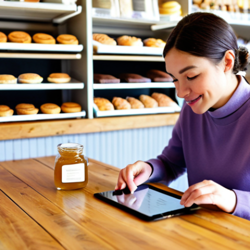 Home 8 A diverse individual, fully clothed in a modest, professional sweater and slacks, sits comfortably at a polished wooden table in a sun-drenched, charming local bakery. They are looking at a tablet displaying a personalized dessert recommendation, with a delightful, unique lavender honey macaron resting on a small plate in front of them. The background features a soft-focus view of artisan pastries on display shelves and warm, inviting decor. Natural light, professional photography, high quality. safe for work, appropriate content, fully clothed, family-friendly, perfect anatomy, correct proportions, natural pose, well-formed hands, proper finger count, natural body proportions.