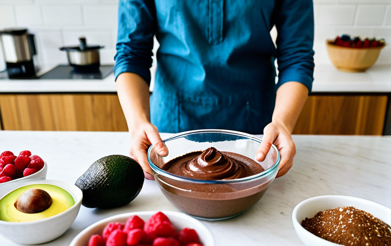 Healthy Dessert Creation**

A brightly lit kitchen scene. A person is carefully mixing ingredients for a chocolate avocado mousse in a glass bowl. Bowls of fresh berries, dates, and natural sweeteners (stevia, monk fruit) are arranged on the counter. A cookbook titled "Decadent Delights" is open nearby. Focus on the ingredients and the act of creating a healthy dessert. Safe for work, appropriate content, fully clothed, modest clothing, professional food photography, perfect anatomy, natural proportions, family-friendly.

**