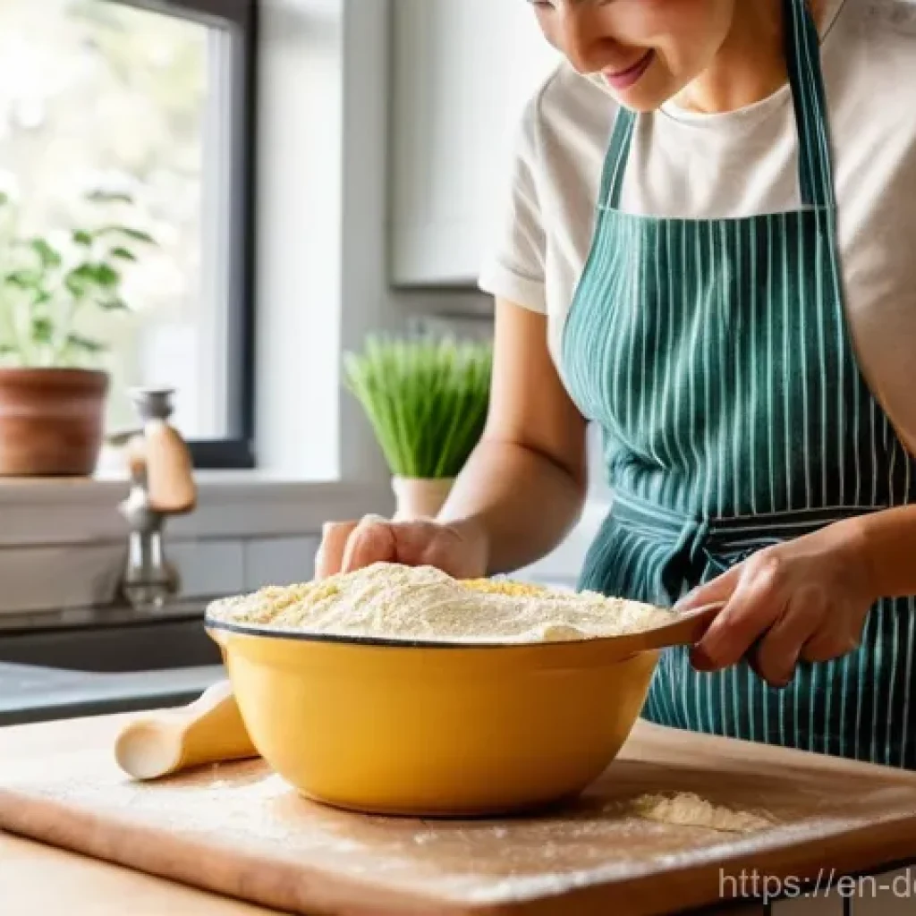 버터 대체재 사용법 - A vibrant, well-lit kitchen scene. A person, wearing comfortable and modest kitchen attire, is metic...