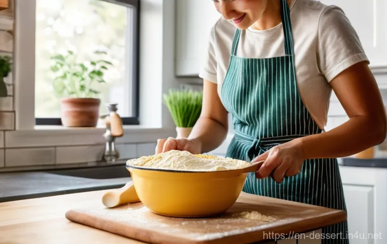 버터 대체재 사용법 - A vibrant, well-lit kitchen scene. A person, wearing comfortable and modest kitchen attire, is metic...