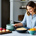 달콤한 베이킹 레시피 - **A passionate home baker in their cozy, well-lit kitchen, surrounded by an array of premium baking ...