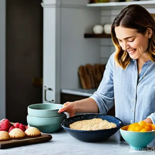 달콤한 베이킹 레시피 - **A passionate home baker in their cozy, well-lit kitchen, surrounded by an array of premium baking ...
