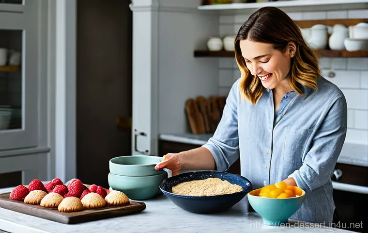 달콤한 베이킹 레시피 - **A passionate home baker in their cozy, well-lit kitchen, surrounded by an array of premium baking ...