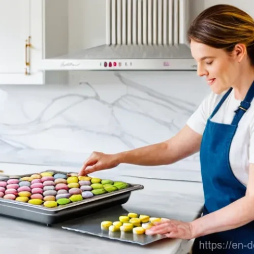 마카롱 만드는 법 - **Prompt:** "A professional photograph of a home baker in a sun-drenched, clean kitchen, gently tapp...
