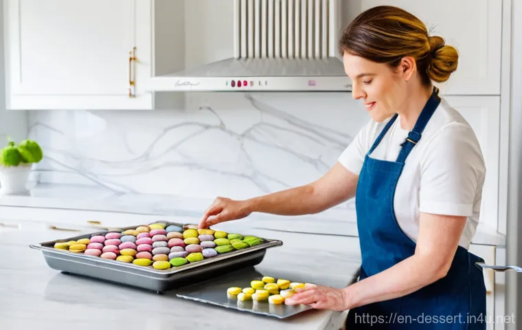 마카롱 만드는 법 - **Prompt:** "A professional photograph of a home baker in a sun-drenched, clean kitchen, gently tapp...