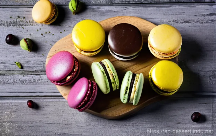 마카롱 만드는 법 - **Prompt:** "Close-up, high-resolution professional food photography focusing on the precise moment ...