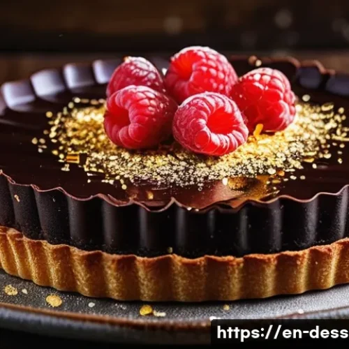 Home 28 초콜릿 디저트 - A luxurious chocolate tart with a glossy, tempered dark chocolate ganache topping, sprinkled delicat...