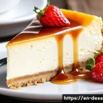 Home 16 디저트 스타일 비교 - A close-up, high-resolution image of a classic New York cheesecake slice on a white porcelain plate,...