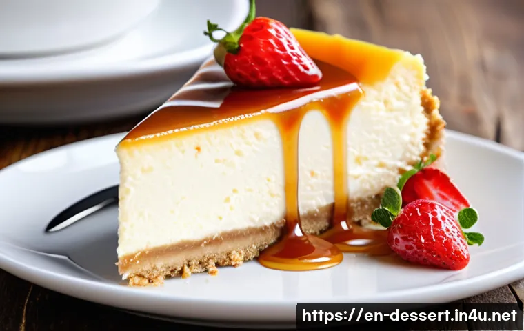 디저트 스타일 비교 - A close-up, high-resolution image of a classic New York cheesecake slice on a white porcelain plate,...
