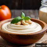 Home 20 크림 파우더 대체품 - A close-up, high-resolution image of a creamy cashew cream in a rustic wooden bowl, surrounded by ra...