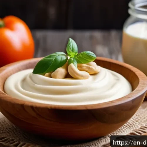Home 15 크림 파우더 대체품 - A close-up, high-resolution image of a creamy cashew cream in a rustic wooden bowl, surrounded by ra...