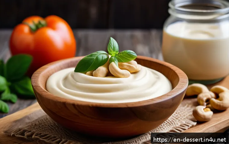 크림 파우더 대체품 - A close-up, high-resolution image of a creamy cashew cream in a rustic wooden bowl, surrounded by ra...